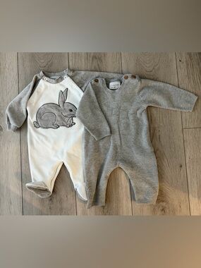 FIXONI Clothing White & Gray Baby One-Piece Set - Bunny Velours & Knit
